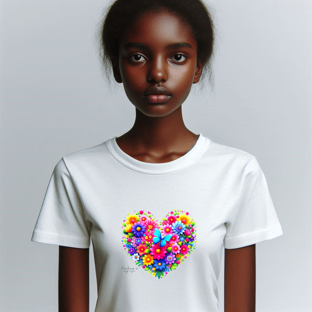 T-shirt coton white girl, woman heart Flowers
